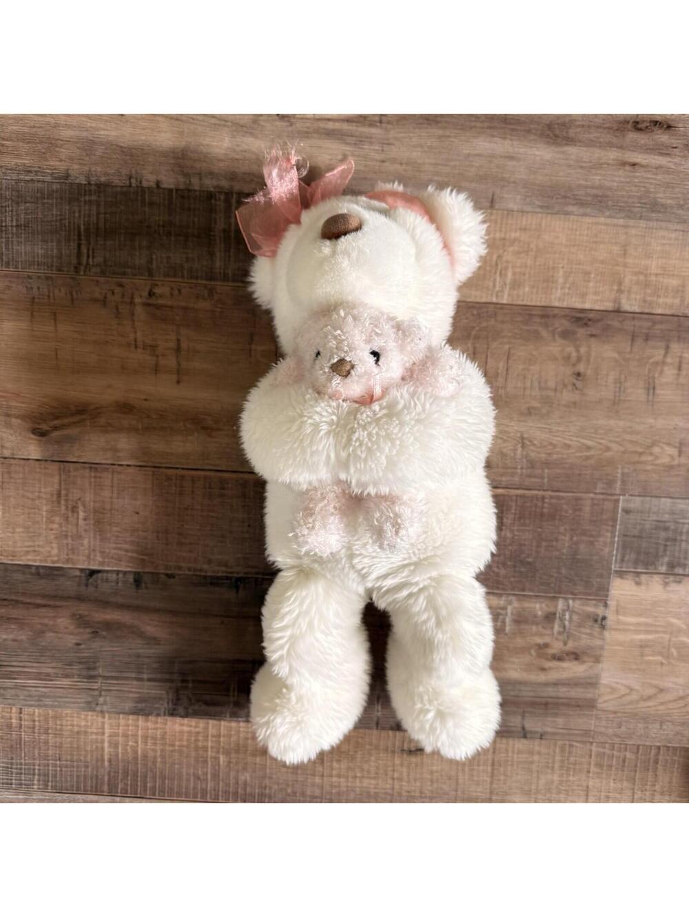 GUND Momma's Love White Bear Plush w/ Baby Teddy Pink Bow Stuffed Animal Toy